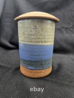 Byron Temple Vtg Studio Art Pottery Blues & Gray, Lidded Jar, 7, Signed