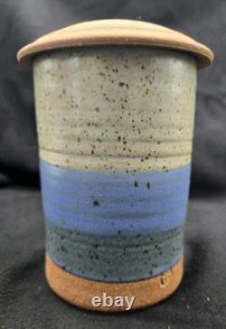 Byron Temple Vtg Studio Art Pottery Blues & Gray, Lidded Jar, 7, Signed