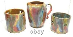 Canister Pitcher 3 Pc Set Studio Art Pottery Rainbow Drip Glaze Vtg 2002 Signed