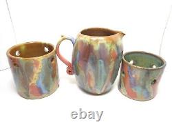 Canister Pitcher 3 Pc Set Studio Art Pottery Rainbow Drip Glaze Vtg 2002 Signed