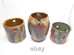 Canister Pitcher 3 Pc Set Studio Art Pottery Rainbow Drip Glaze Vtg 2002 Signed