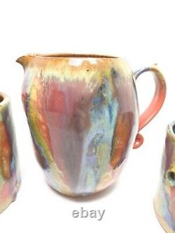 Canister Pitcher 3 Pc Set Studio Art Pottery Rainbow Drip Glaze Vtg 2002 Signed