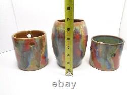 Canister Pitcher 3 Pc Set Studio Art Pottery Rainbow Drip Glaze Vtg 2002 Signed