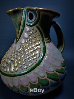 Cathra Anne Barker 1970 Vintage Sunstone Studio Art Pottery Owl Pitcher Signed