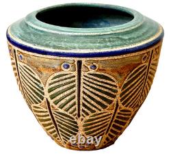 Cathra Anne Barker Santa Fe Studio Art Pottery Leaf Design Vessel Bowl Vase Vtg
