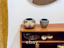 Cathra Anne Barker Santa Fe Studio Art Pottery Leaf Design Vessel Bowl Vase Vtg