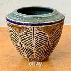 Cathra Anne Barker Santa Fe Studio Art Pottery Leaf Design Vessel Bowl Vase Vtg