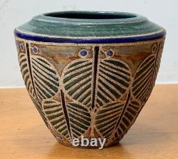Cathra Anne Barker Santa Fe Studio Art Pottery Leaf Design Vessel Bowl Vase Vtg