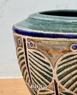 Cathra Anne Barker Santa Fe Studio Art Pottery Leaf Design Vessel Bowl Vase Vtg
