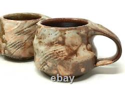 Clay Pottery Drip Glaze Cups Vtg Signed Studio Art Lustre Coffee Mugs Set/4 EUC