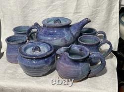 Cliff Losee Vintage Studio Art pottery 7pc Tea Set blue Teapot Mugs Maryland
