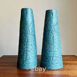 Cool Pair of Modernist Teal Studio Pottery Lamp Bases 1952 Artist Signed Vintage