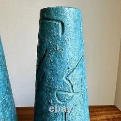 Cool Pair of Modernist Teal Studio Pottery Lamp Bases 1952 Artist Signed Vintage