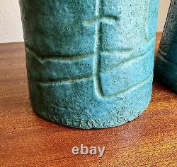 Cool Pair of Modernist Teal Studio Pottery Lamp Bases 1952 Artist Signed Vintage