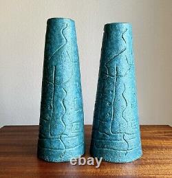 Cool Pair of Modernist Teal Studio Pottery Lamp Bases 1952 Artist Signed Vintage