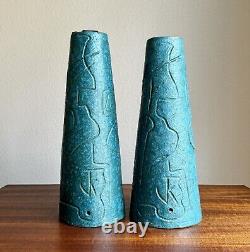 Cool Pair of Modernist Teal Studio Pottery Lamp Bases 1952 Artist Signed Vintage