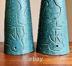 Cool Pair of Modernist Teal Studio Pottery Lamp Bases 1952 Artist Signed Vintage