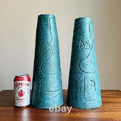 Cool Pair of Modernist Teal Studio Pottery Lamp Bases 1952 Artist Signed Vintage