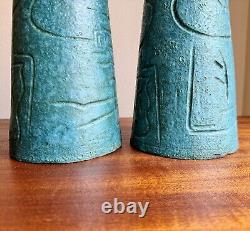 Cool Pair of Modernist Teal Studio Pottery Lamp Bases 1952 Artist Signed Vintage