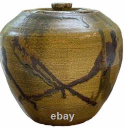 Cool SHINO Glaze SIGNED Studio Pottery Lidded Jar withBirds Vintage EUC