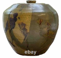 Cool SHINO Glaze SIGNED Studio Pottery Lidded Jar withBirds Vintage EUC