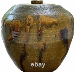 Cool SHINO Glaze SIGNED Studio Pottery Lidded Jar withBirds Vintage EUC