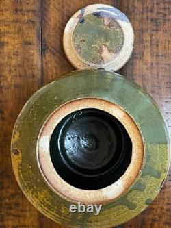 Cool SHINO Glaze SIGNED Studio Pottery Lidded Jar withBirds Vintage EUC