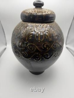 Daniel Johnston Studio Pottery Lidded Jar DV Mark Large 13 Tenmoku Glaze