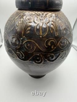 Daniel Johnston Studio Pottery Lidded Jar DV Mark Large 13 Tenmoku Glaze
