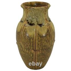 Door Studio Faience Art Pottery Handmade Mottled Brown Yellow Lotus Leaves Vase