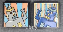 Doug Spalding Studio Robot Art Tiles (2) Detroit Ceramic Artist Signed