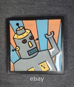 Doug Spalding Studio Robot Art Tiles (2) Detroit Ceramic Artist Signed