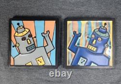 Doug Spalding Studio Robot Art Tiles (2) Detroit Ceramic Artist Signed