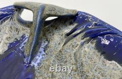 Doug Wylie Art Pottery Platter & Cups Vtg Whale Tail Handle Blue Platter 17