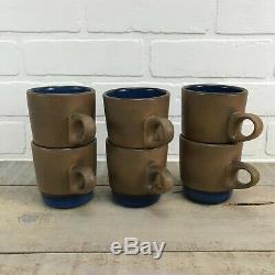 EDITH HEATH Ceramics Studio Pottery Mugs Set Of 6 VTG Moonstone Blue Stackable