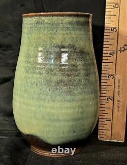 EDWIN & MARY SCHEIER THROWN VASE BLUE GREEN BURGANDY RUST 5.5 x 3.5 SIGNED MINT