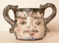 Folk Art Studio Pottery Anthropomorphic Face Mug Planter Weird Asian Signed Vtg