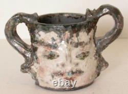 Folk Art Studio Pottery Anthropomorphic Face Mug Planter Weird Asian Signed Vtg