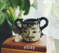 Folk Art Studio Pottery Anthropomorphic Face Mug Planter Weird Asian Signed Vtg