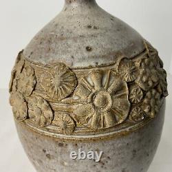 Frank Willett Studio Pottery VTG Appliqué Flowers Mid Century Modern Vase Signed