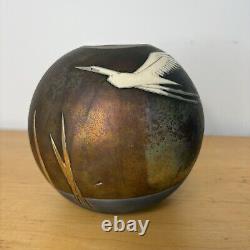 Giusti Studio Art Raku Pottery Egret Flying Globe Vase circa 1990 Vintage
