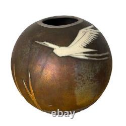 Giusti Studio Art Raku Pottery Egret Flying Globe Vase circa 1990 Vintage
