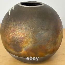 Giusti Studio Art Raku Pottery Egret Flying Globe Vase circa 1990 Vintage