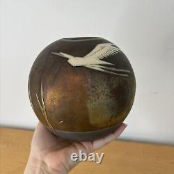 Giusti Studio Art Raku Pottery Egret Flying Globe Vase circa 1990 Vintage