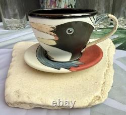 Greg Jahn & Nancy Halter Studio Pottery Puffin Cup & Saucer Set Hand Painted Vtg