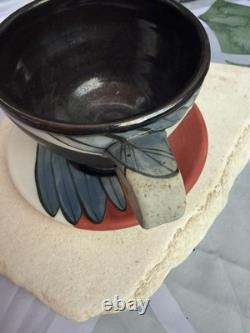Greg Jahn & Nancy Halter Studio Pottery Puffin Cup & Saucer Set Hand Painted Vtg