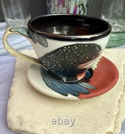 Greg Jahn & Nancy Halter Studio Pottery Puffin Cup & Saucer Set Hand Painted Vtg