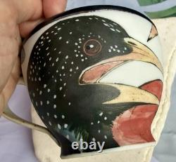 Greg Jahn & Nancy Halter Studio Pottery Puffin Cup & Saucer Set Hand Painted Vtg