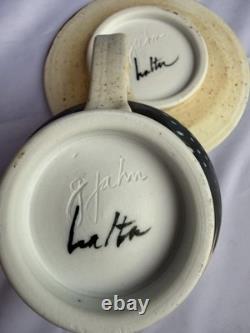 Greg Jahn & Nancy Halter Studio Pottery Puffin Cup & Saucer Set Hand Painted Vtg