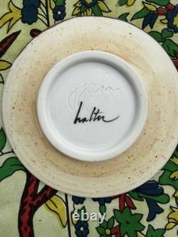 Greg Jahn & Nancy Halter Studio Pottery Puffin Cup & Saucer Set Hand Painted Vtg